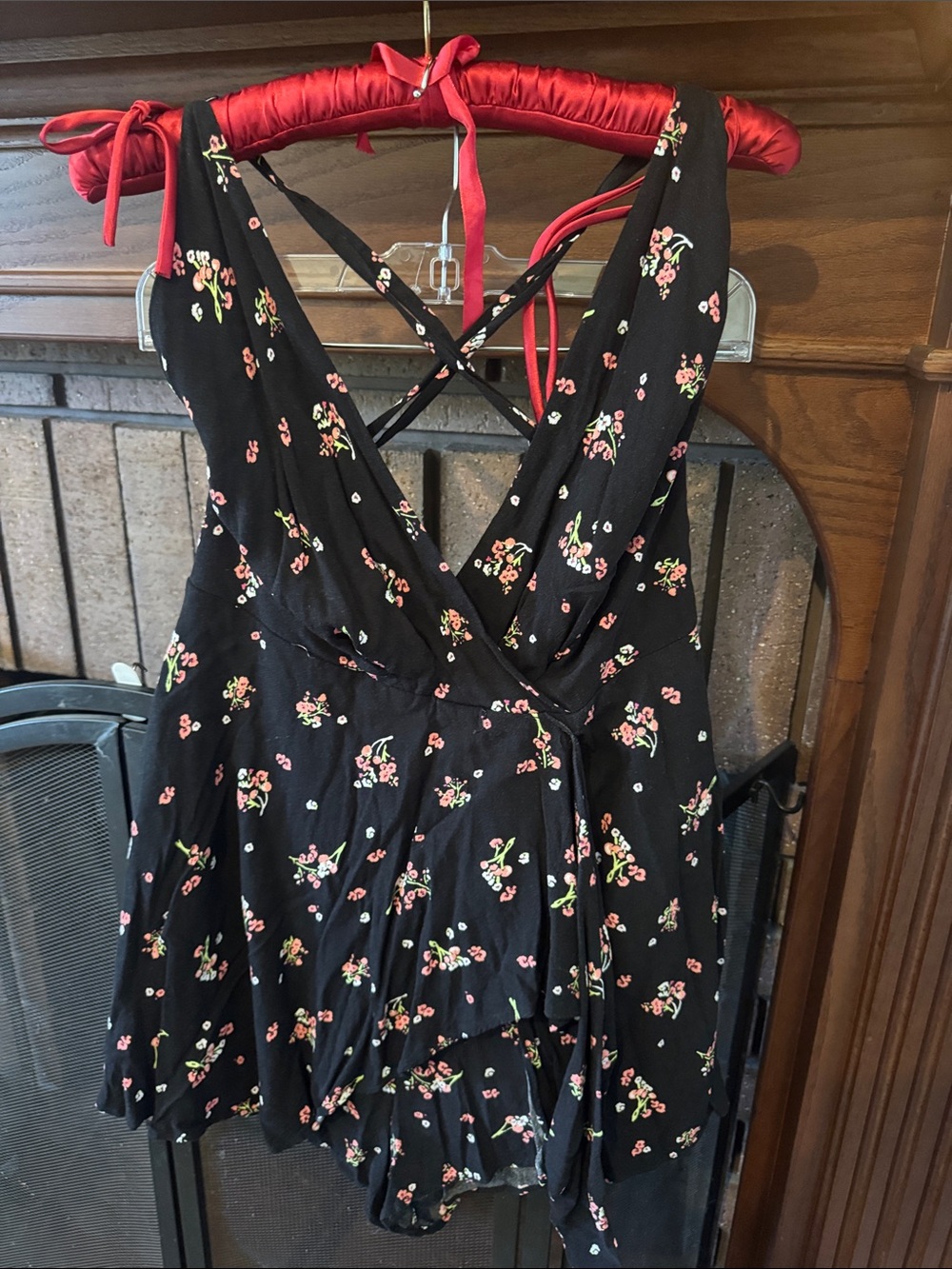 Free People Black Romper with Pink & Green Floral Print